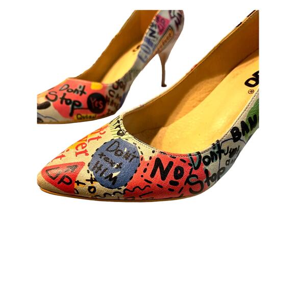 DOGO Vegan High Heel Shoes Cartoon And Slogans Print Women's Size 7 - Picture 3 of 14